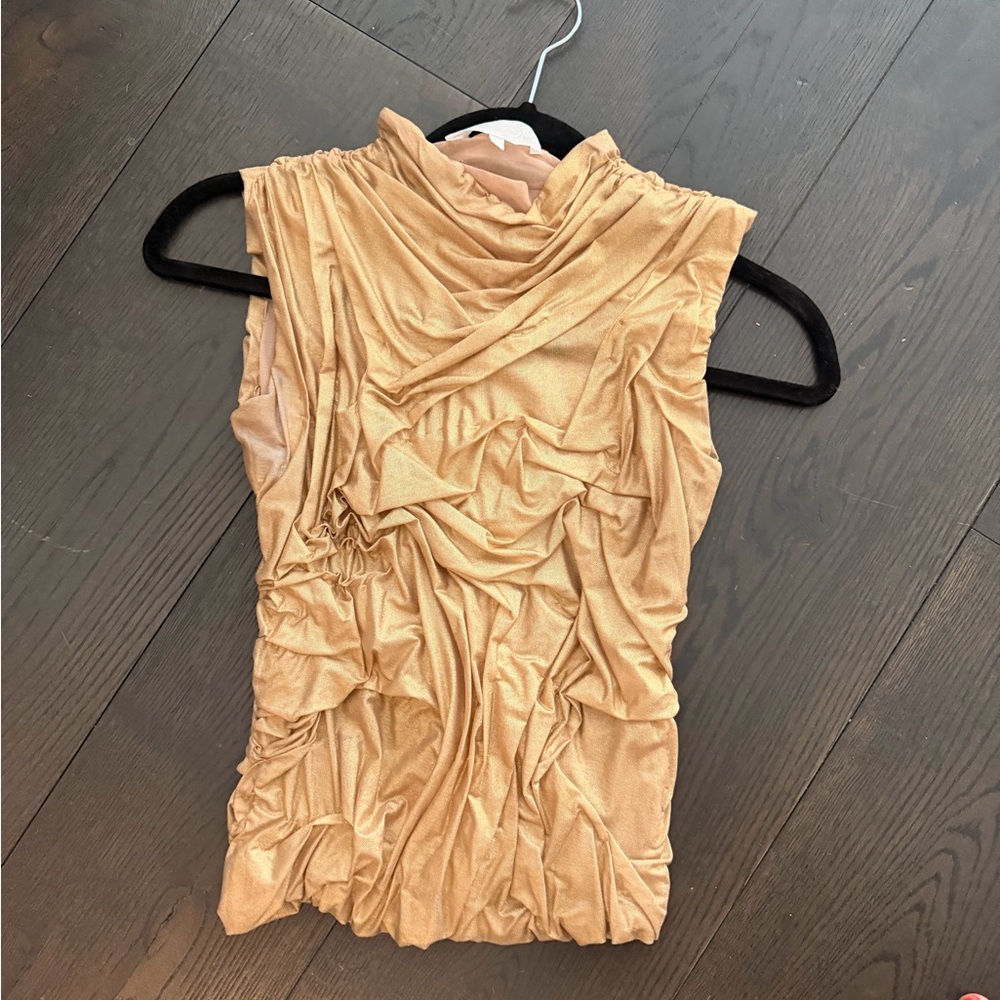 Di Petsa Gold Wet Look Draped Top High Neck Sleeveless XS
